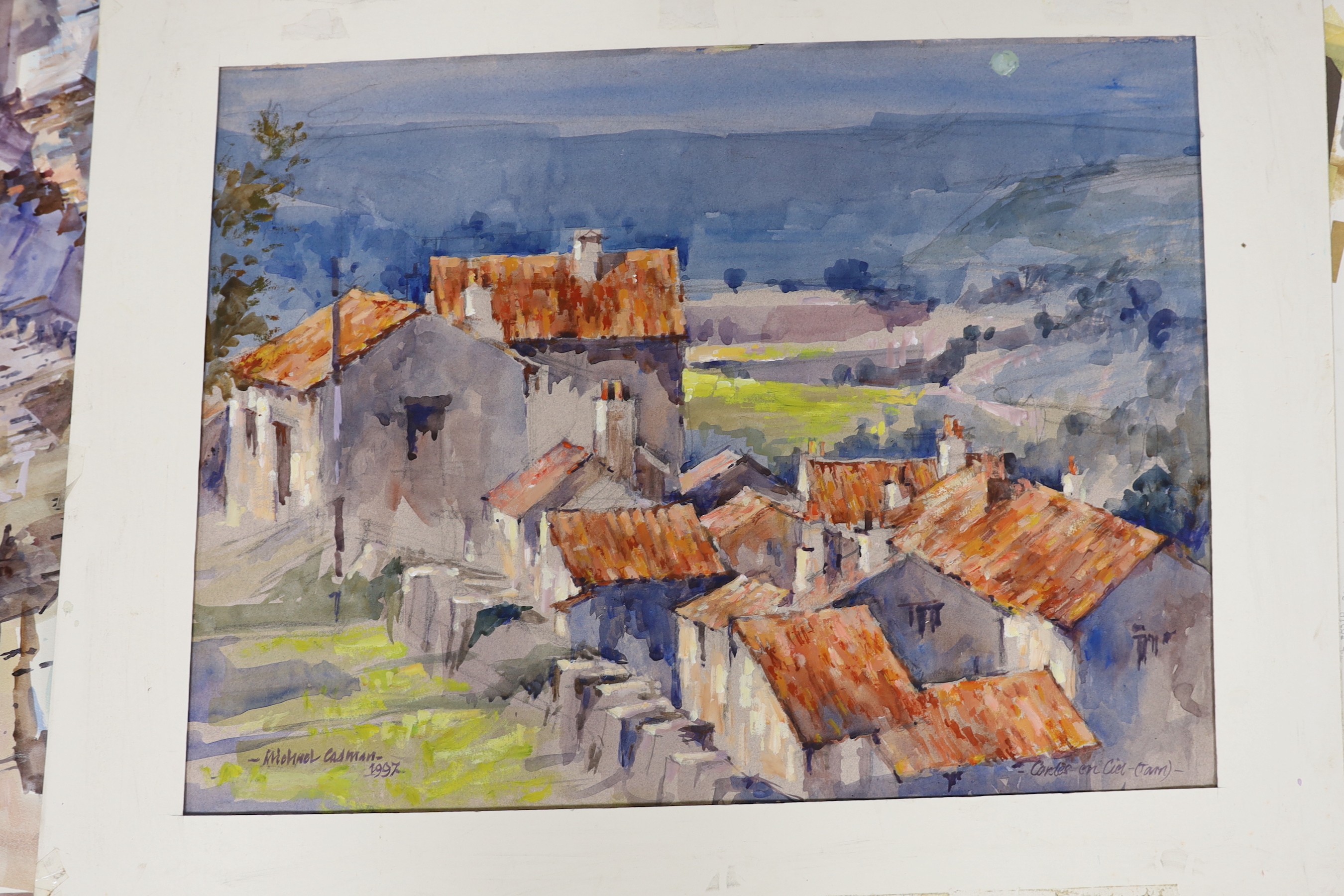 Michael Lawrence Cadman (1920-2010), two folio's of assorted watercolours and sketches, London, Cornish harbours, Sherborne, Dorset, largest 50 x 70cm